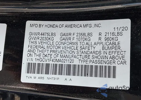 2021 Honda Accord Sport Special Edition из США, поврежденный, VIN 1HGCV1F43MA021120